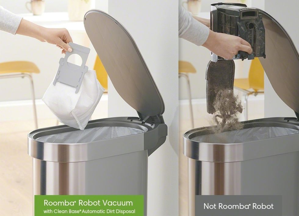 comparison of the irobot roomba disposal with a sealed bag and a non-roomba vacuum being poured directly into the bin