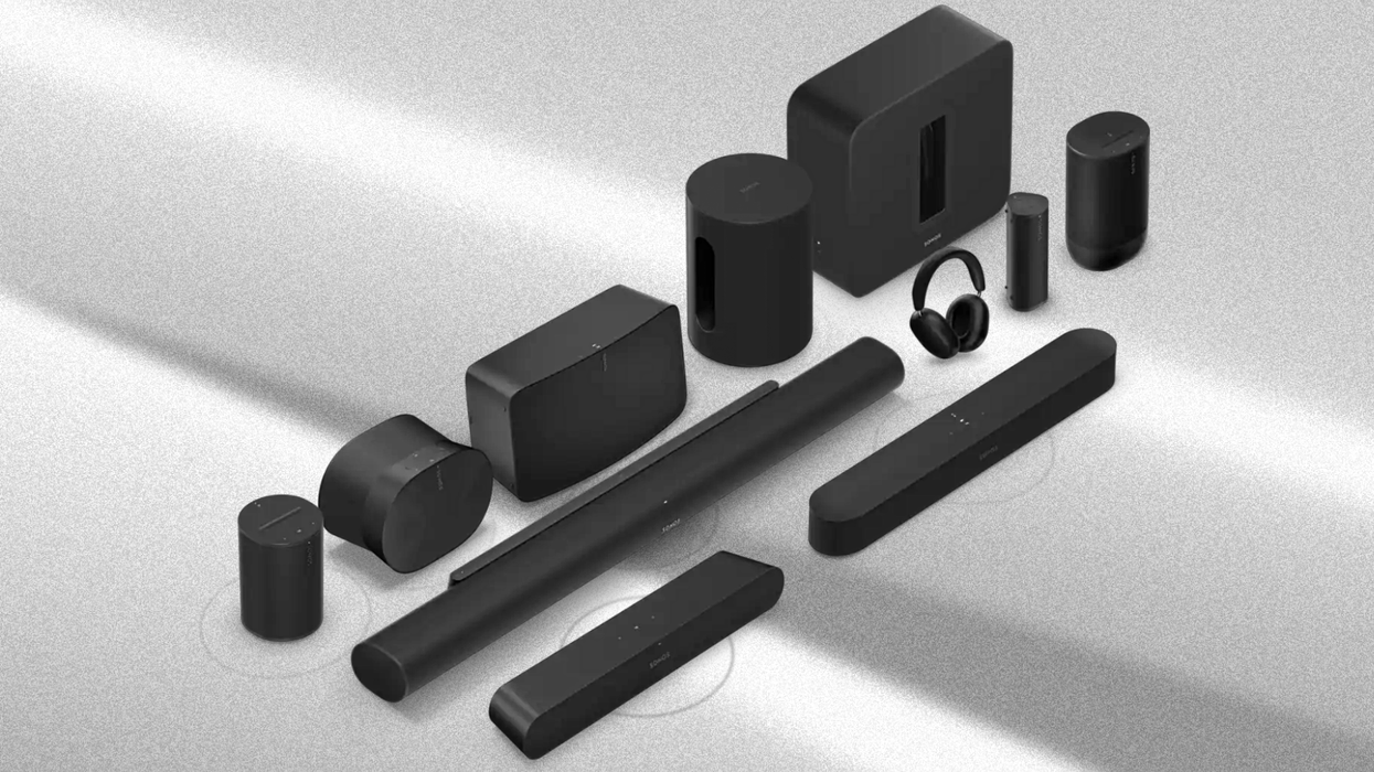complete lineup of sonos speakers and soundbars pictured on a grey background
