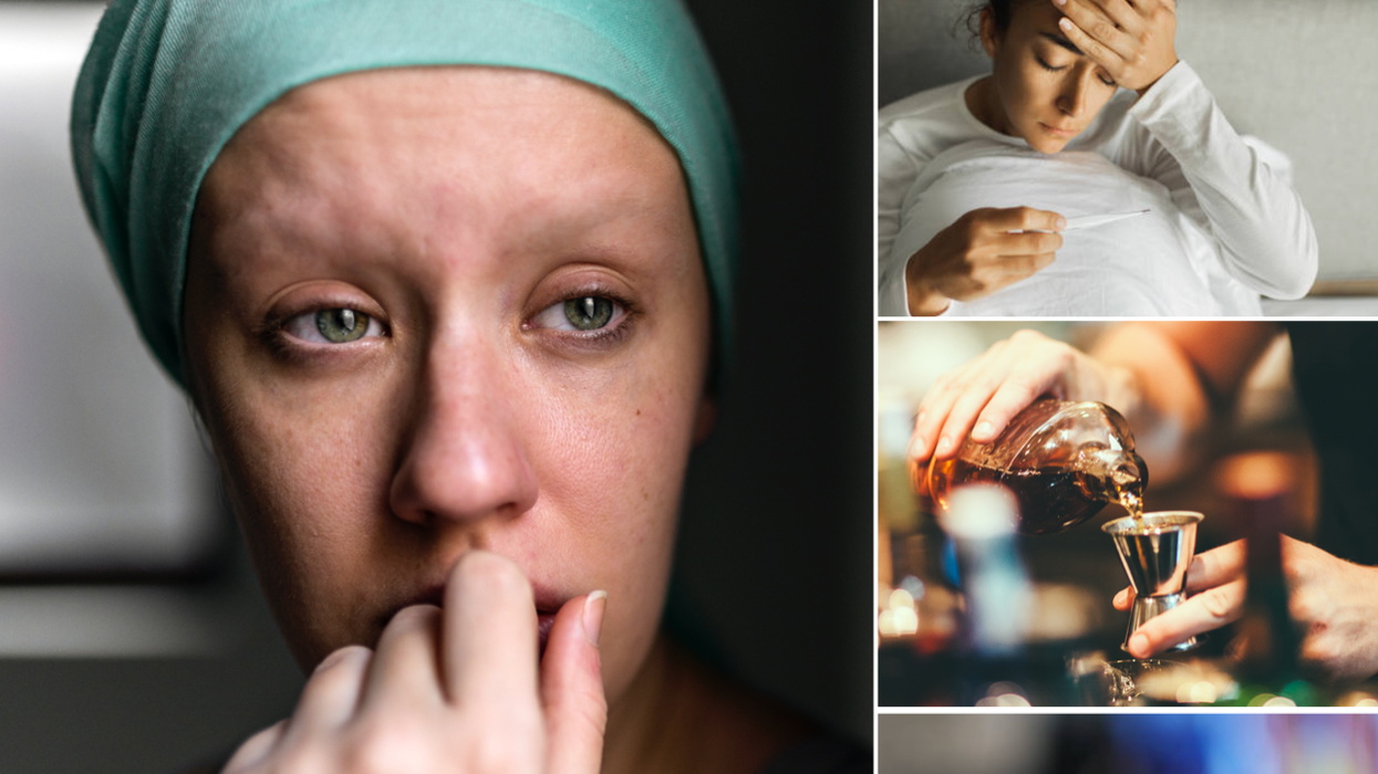 Composite image of a cancer patient (left), person with a fever (top right), alcohol (middle left) and watching TV (bottom right)