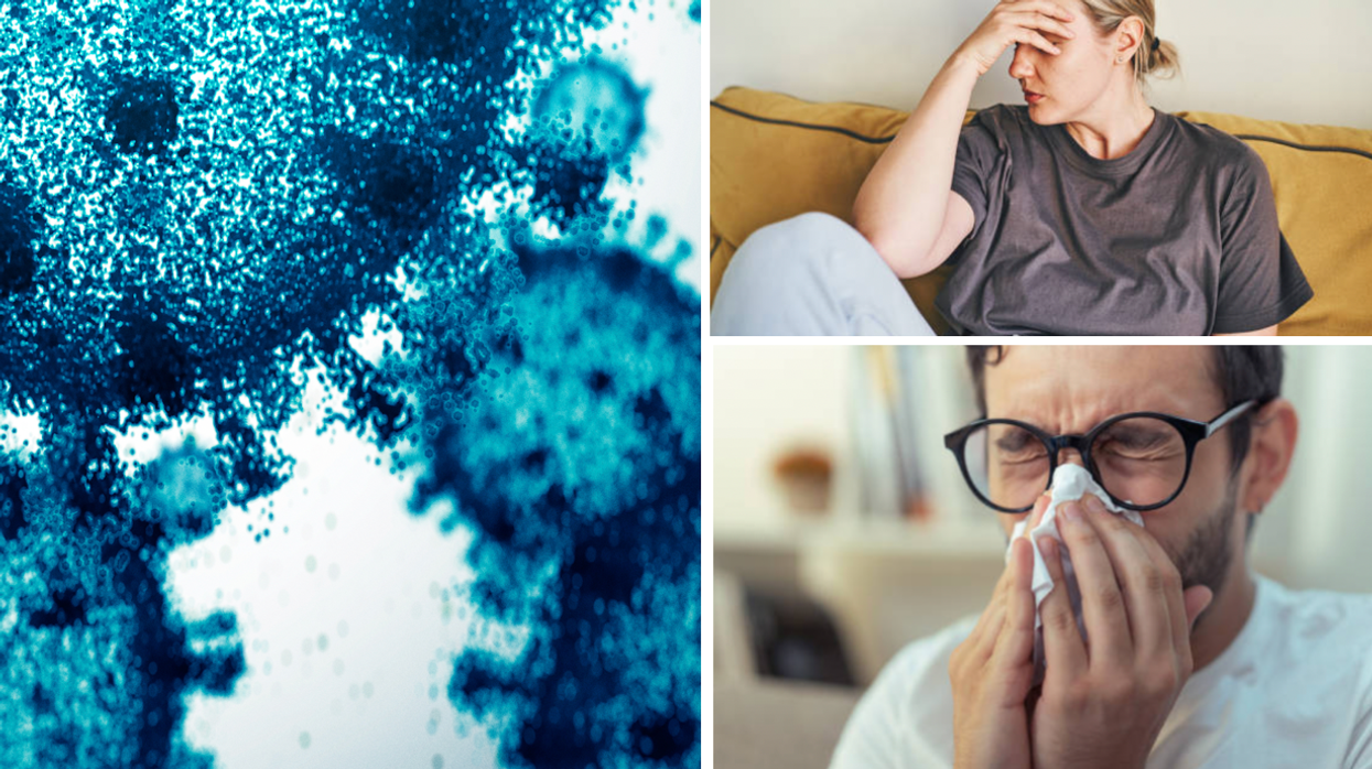 Composite image of a Covid particle and man sneezing, head dizzy and chest pain