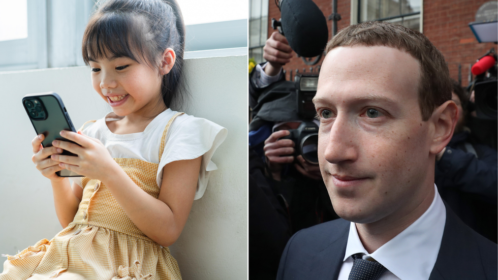 Composite image of a girl using a smartphone and Mark Zuckerberg