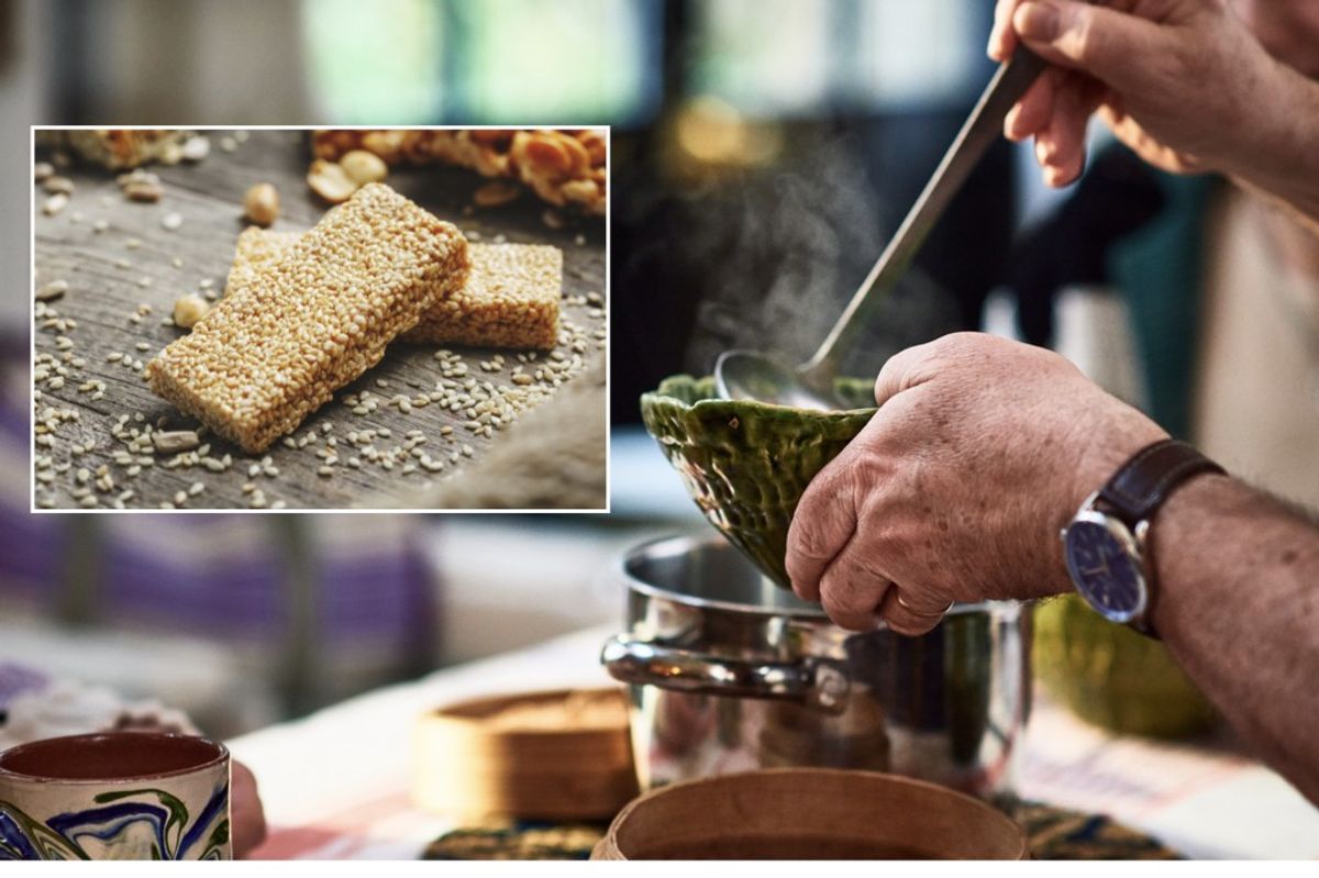 Composite image of a granola bar and a person helping themselves to soup 