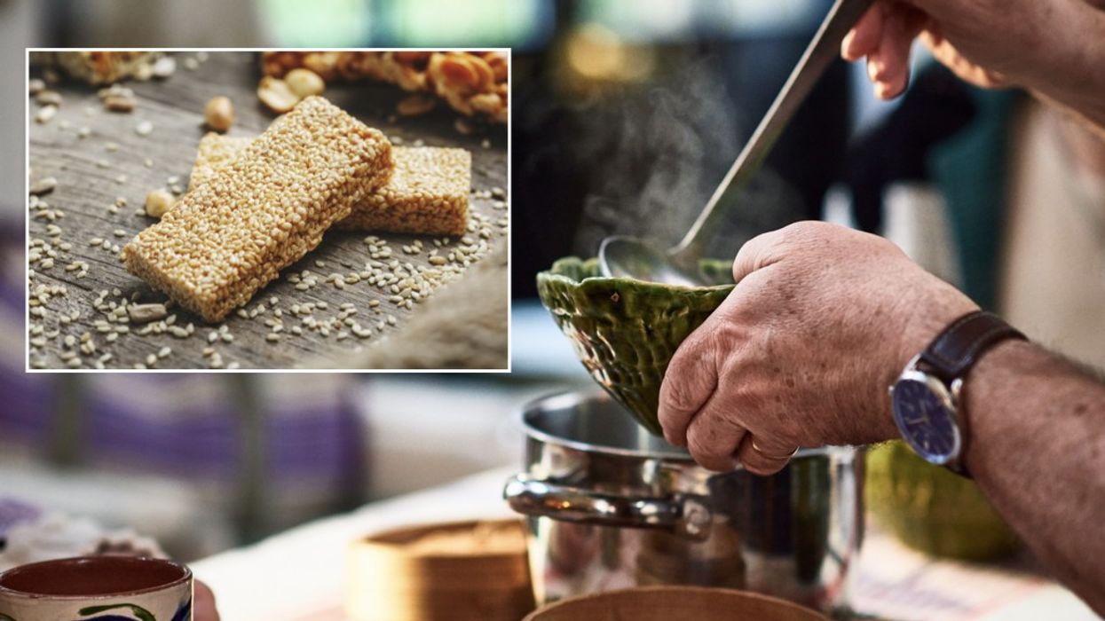 Composite image of a granola bar and a person helping themselves to soup