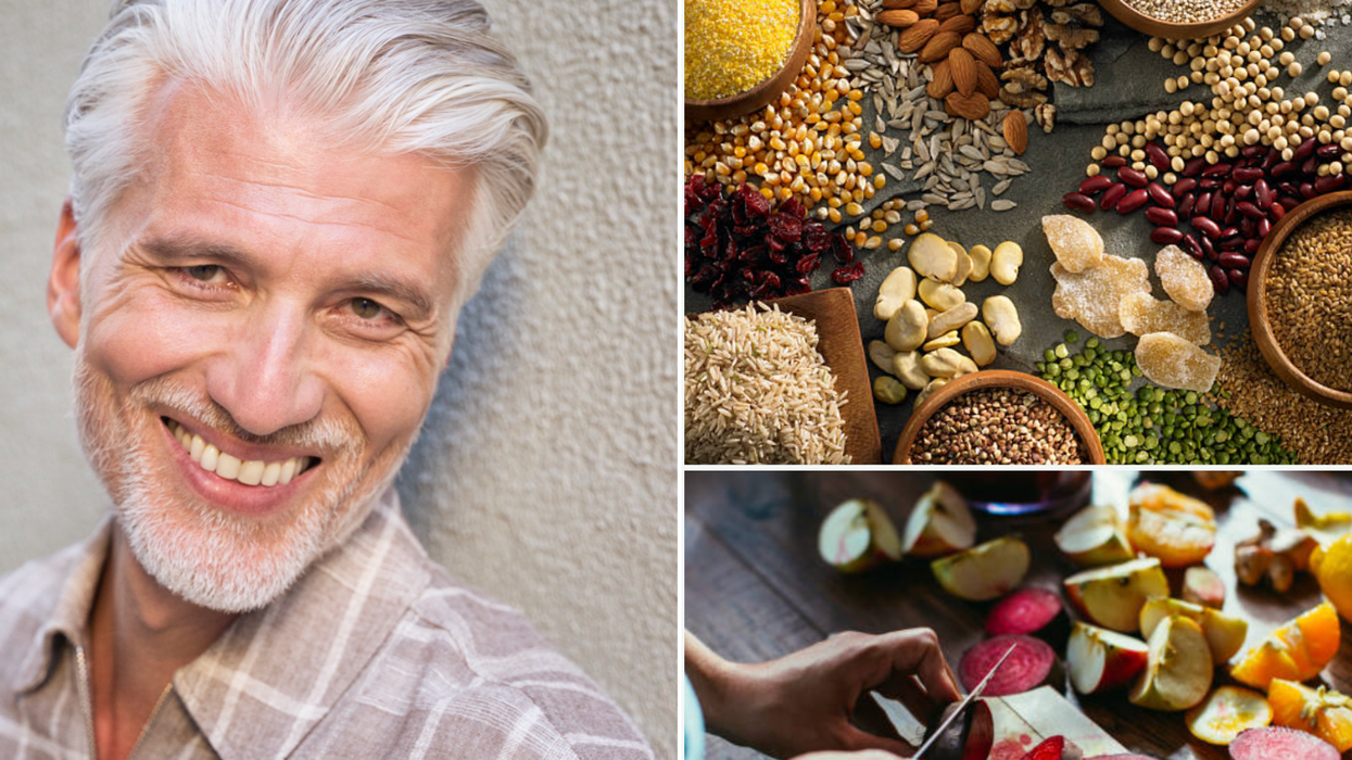 Composite image of a man and nuts and legumes (top right) and top right (left)