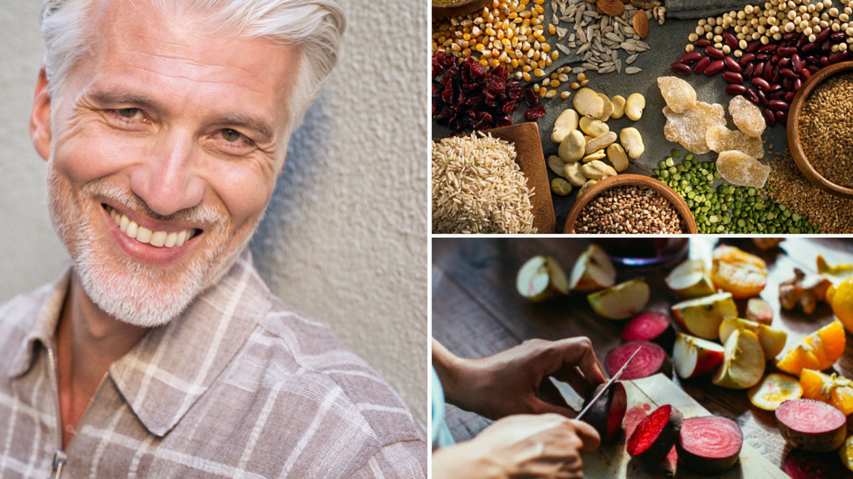 Composite image of a man and nuts and legumes (top right) and top right (left)