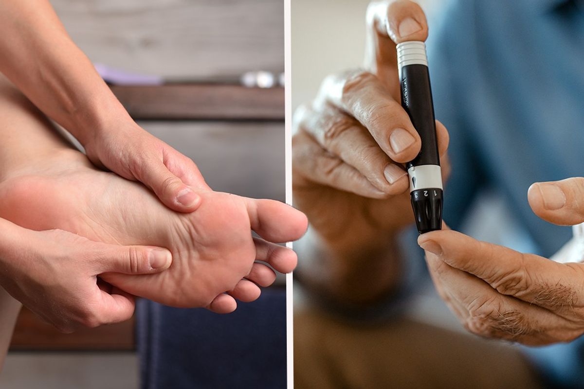 Composite image of a man holding his foot next to a man pricking his finger for a blood sugar test