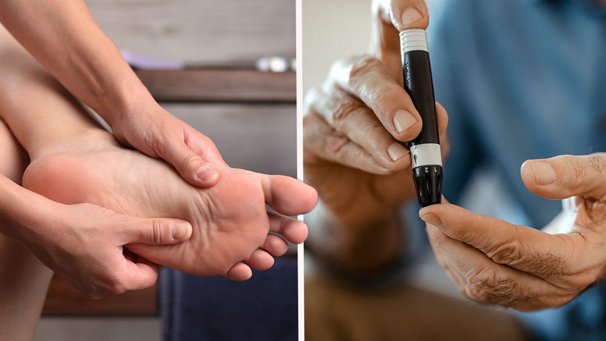 Composite image of a man holding his foot next to a man pricking his finger for a blood sugar test