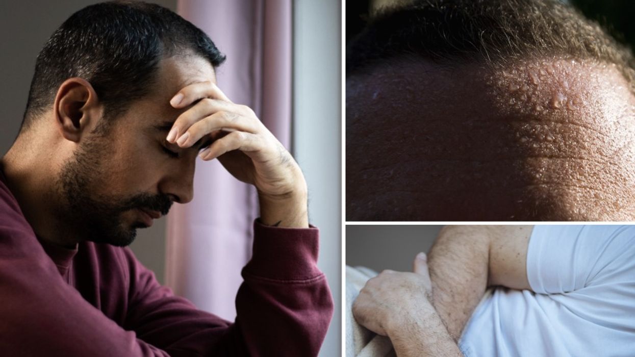 Composite image of a man holding his head, a sweaty forehead and a man gripping his stomach in bed