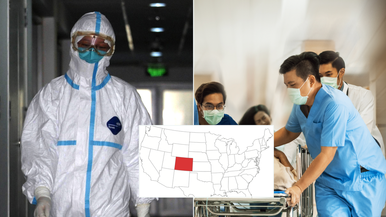Composite image of a man in a face mask, map of America and busy hospital ward