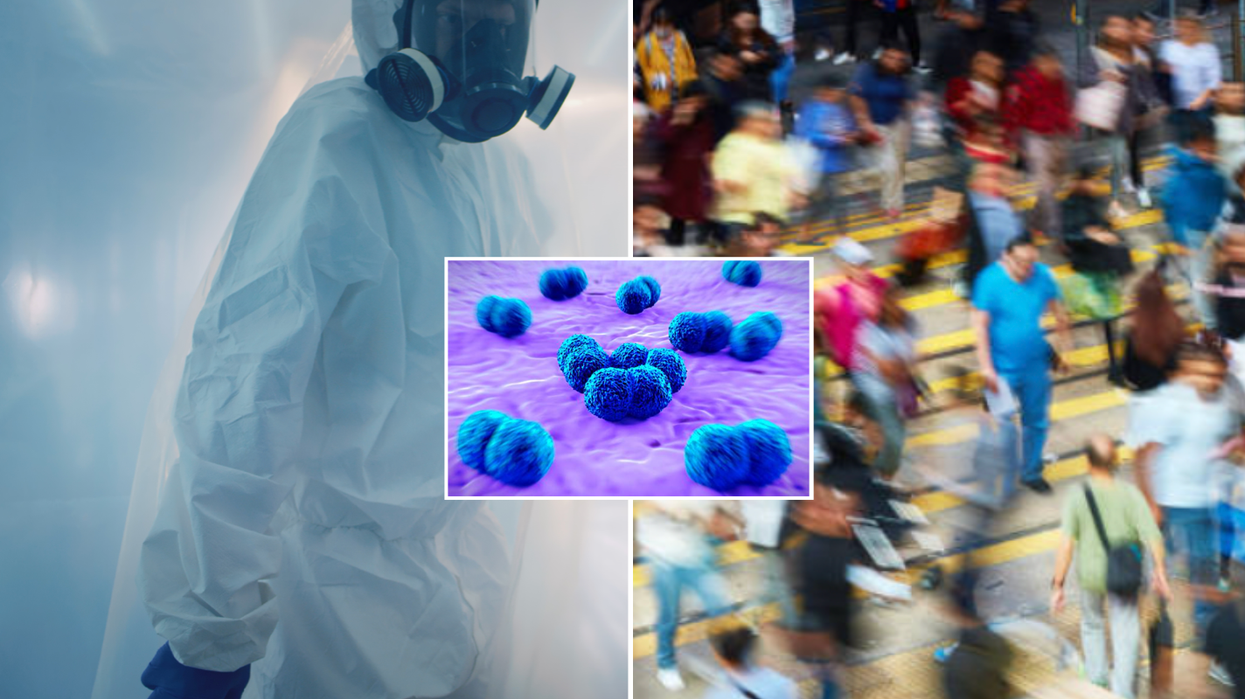 Composite image of a man in a hazmat suit and busy commuters