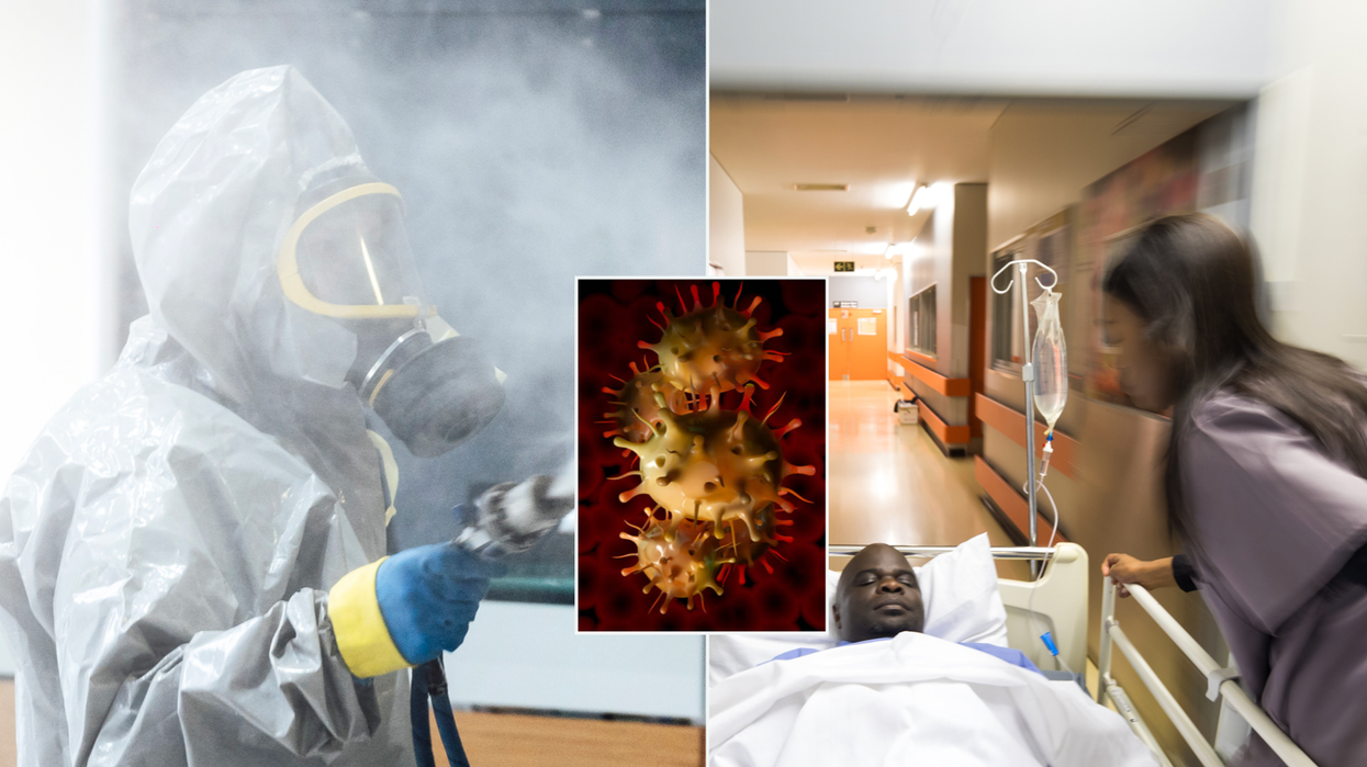 Composite image of a man in a hazmat suit, bird flu and rushing hospital ward