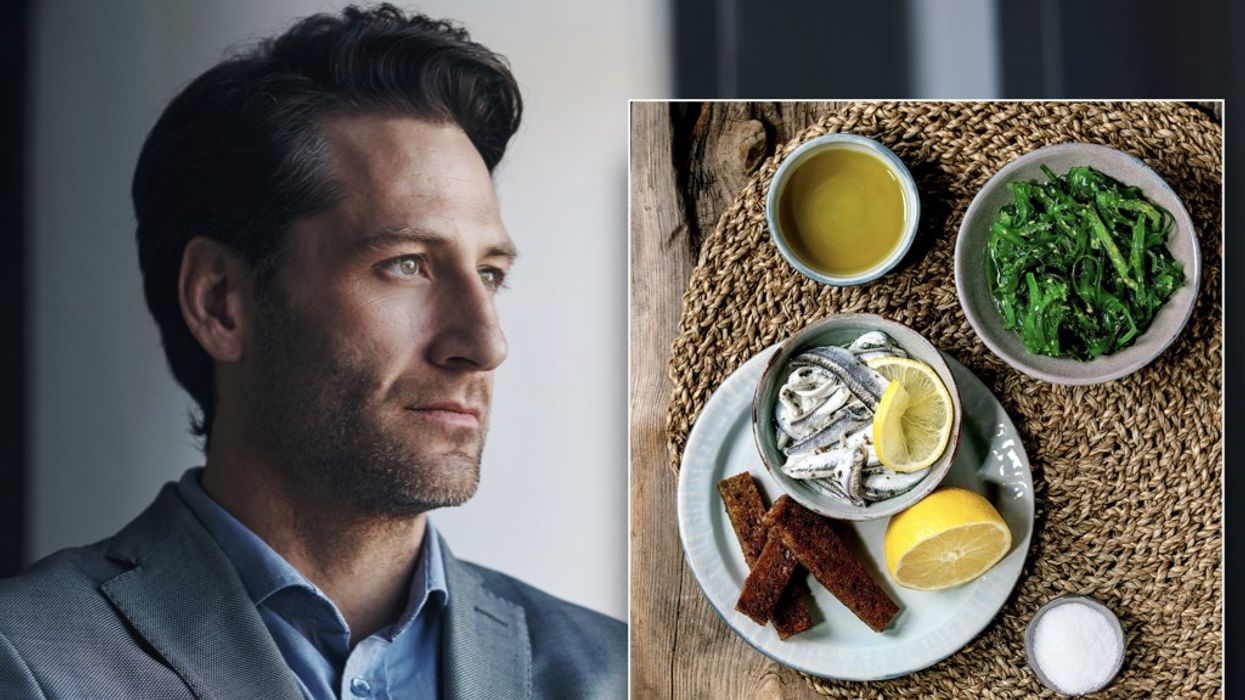 Composite image of a man (left) and food on a table (right)