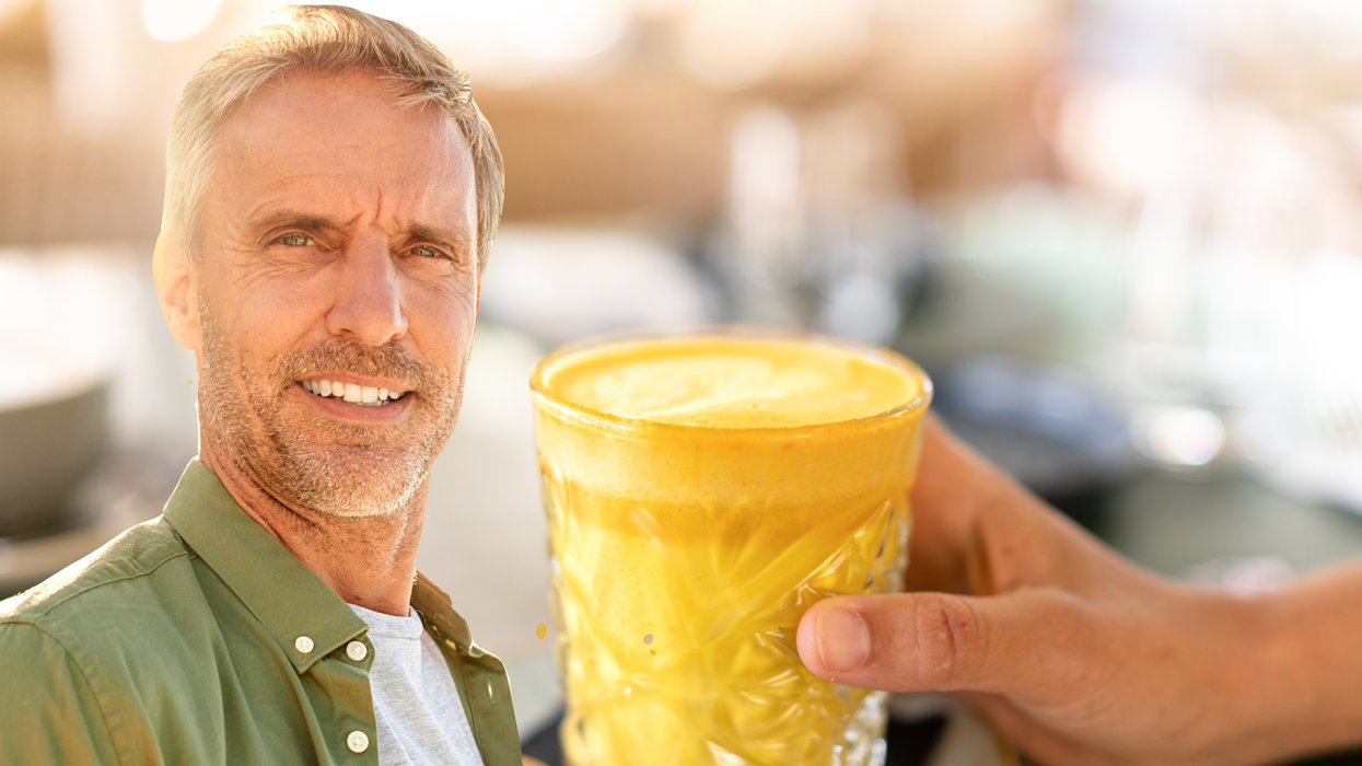 Composite image of a man (left) and golden milk (right)