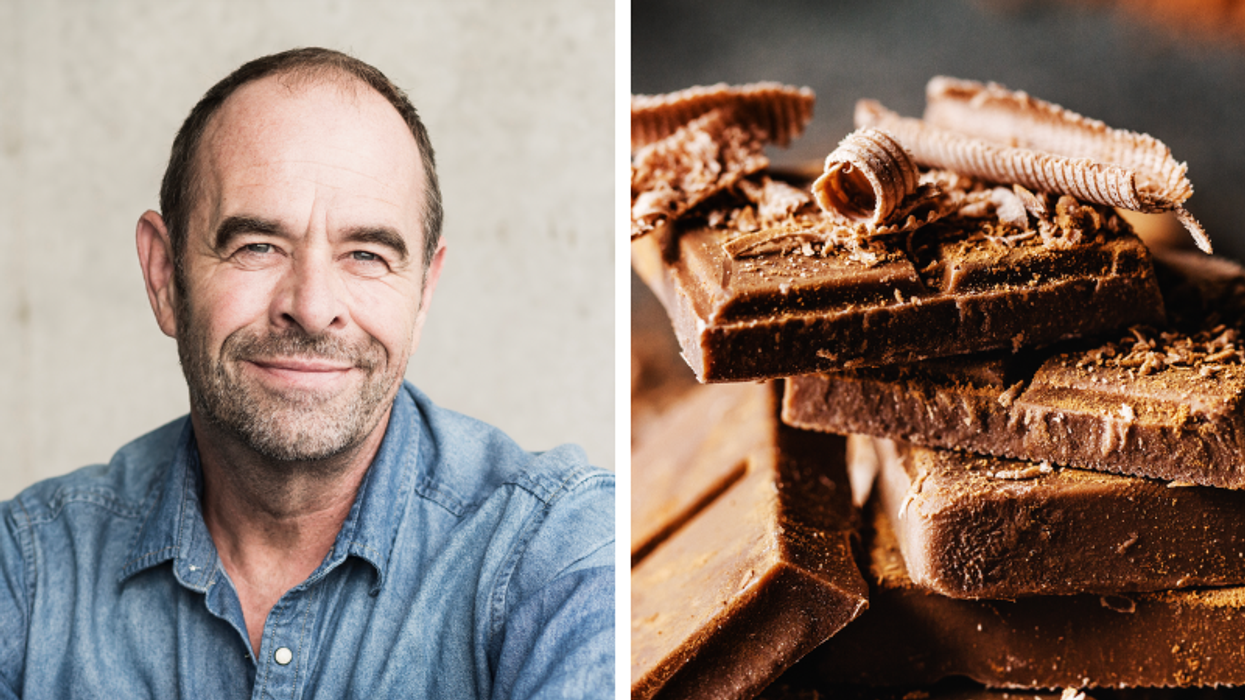 Composite image of a man smiling (left) and block of chocolate (right)