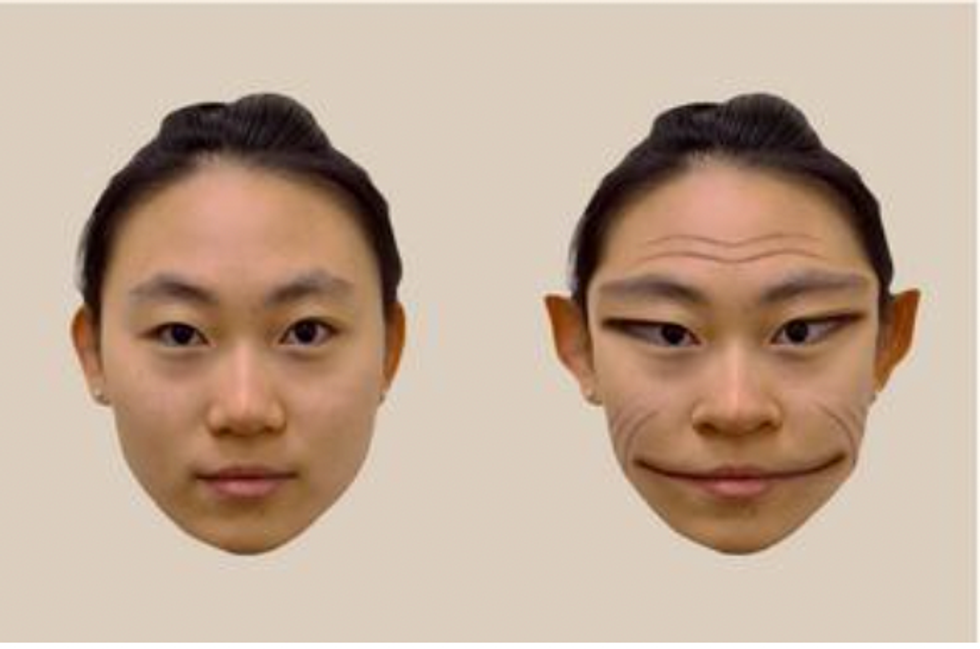 Composite image of a normal face and a demonic face
