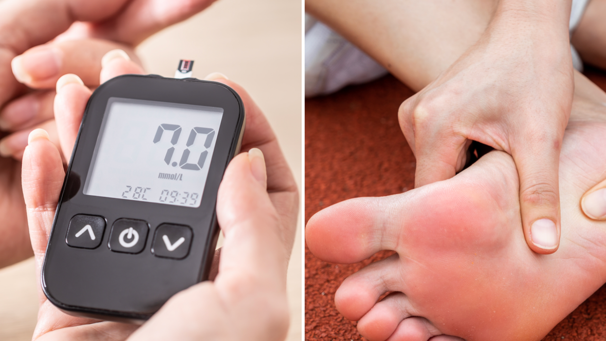 Composite image of a person getting blood sugar levels tested and foot pain