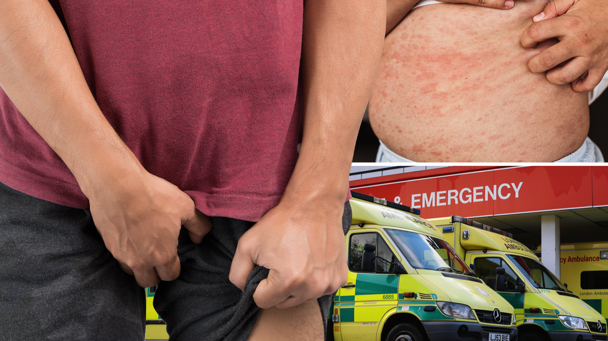 Composite image of a person gripping their groin (left), stomach rash (top right), ambulances (bottom right)