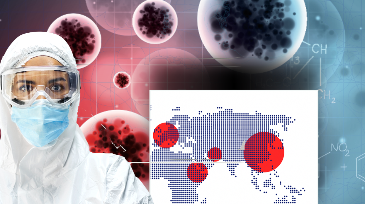Composite image of a person in a hazmat suit and map of Europe covered in red dots
