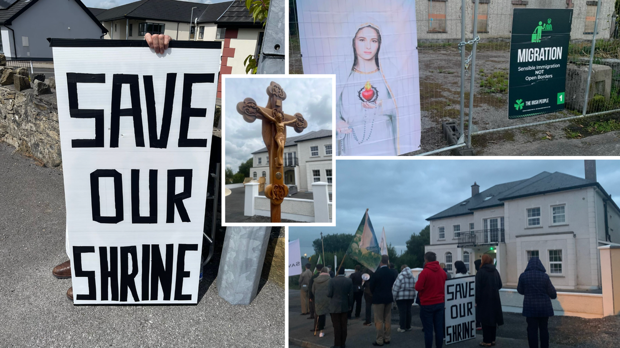 Composite image of a protestor holding a placard, picture of the Virgin Mary (top right) and the Belmont Hotel (bottom right)
