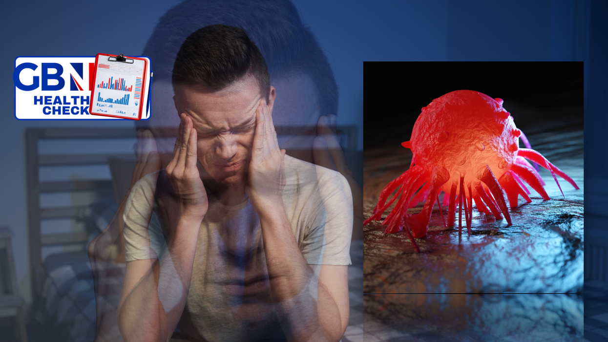 Composite image of a stressed person and a cancer cell