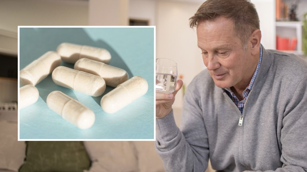 Composite image of a supplement and man swallowing a supplement