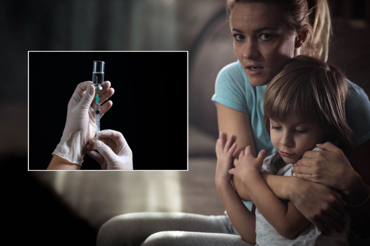 Composite image of a vaccine hand and woman scared with her child 