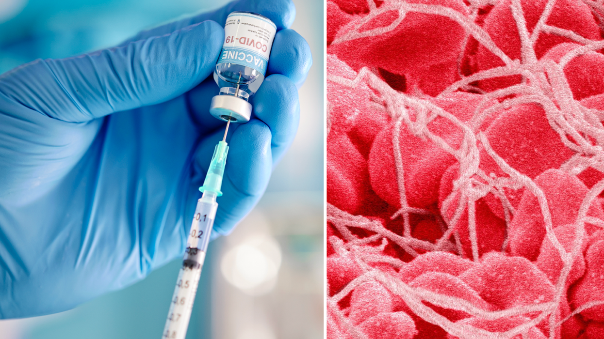 Composite image of a vaccine (left) and blood coagulation (right)
