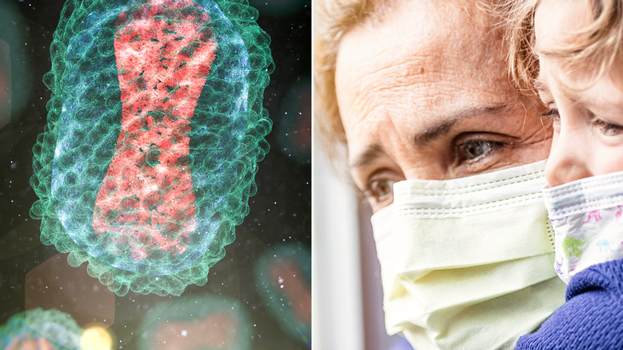 Composite image of a virus particle and man in a face mask