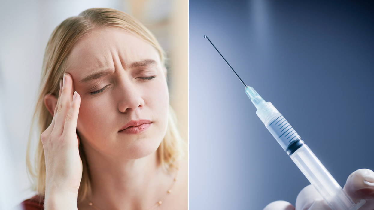 Composite image of a woman with a headache and a vaccine