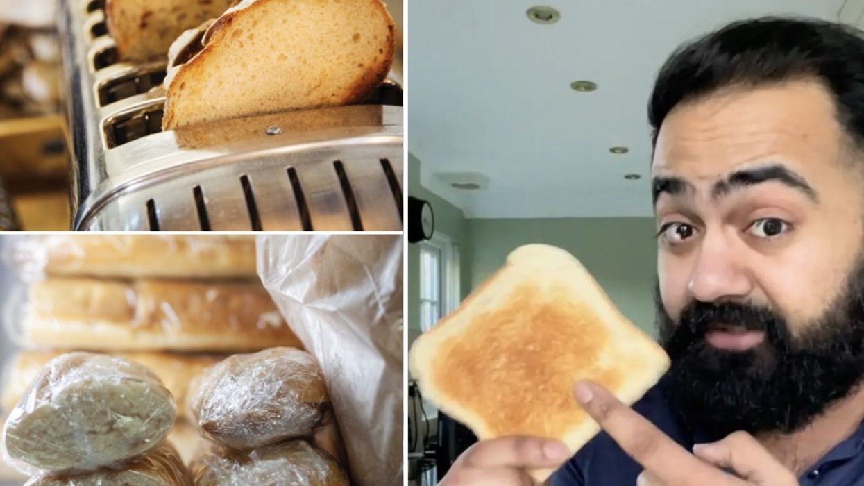 Composite image of bread being toasted, frozen and doctor holding toast