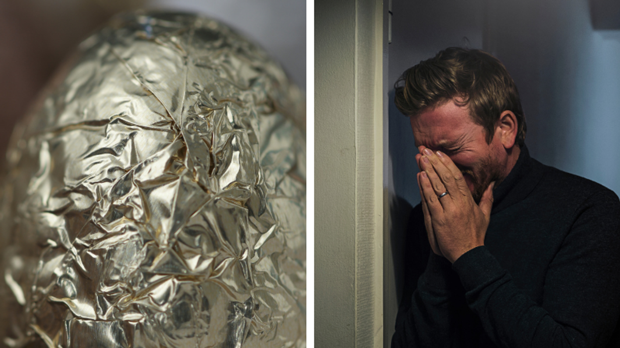 Composite image of Easter egg and a man in pain