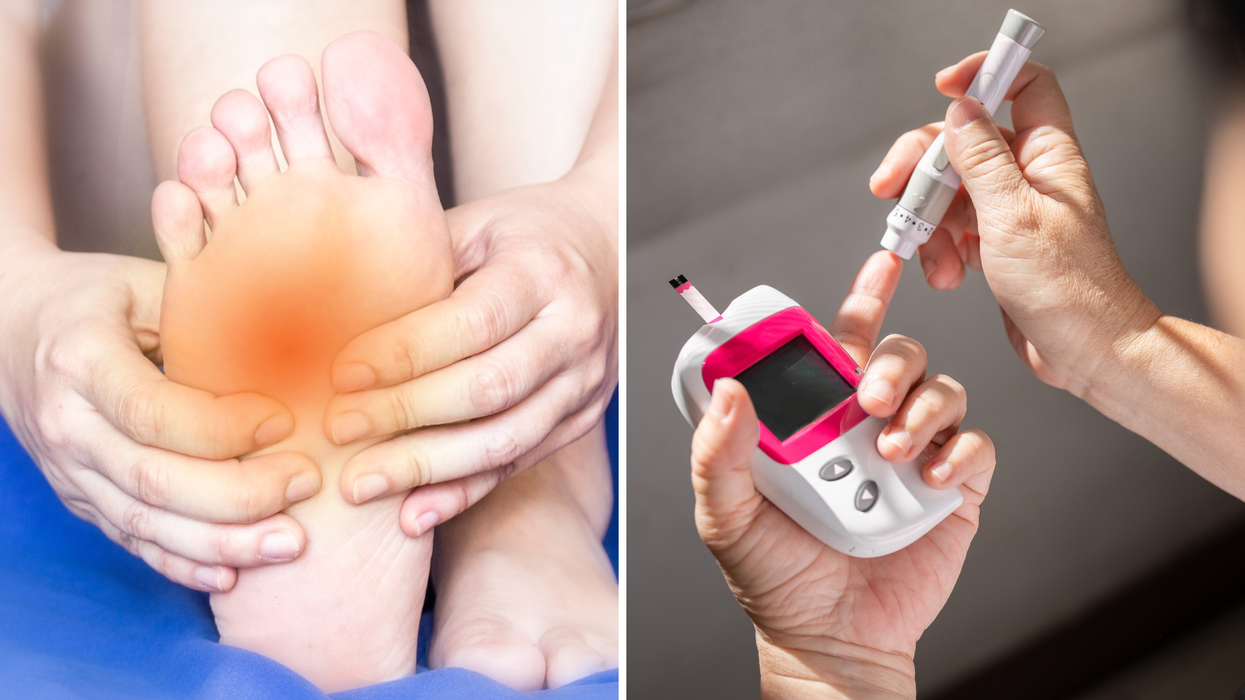 Composite image of foot and woman pricking her finger for blood sugar