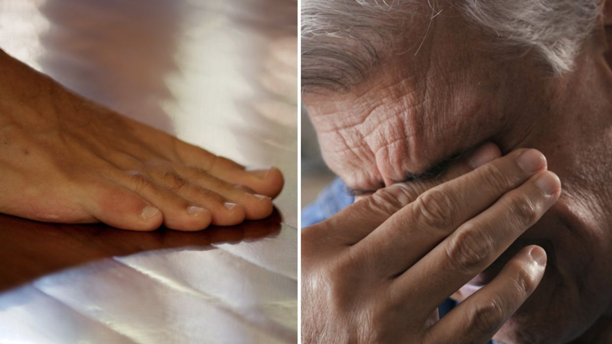 Composite image of foot (left) and eyes in pain (right)