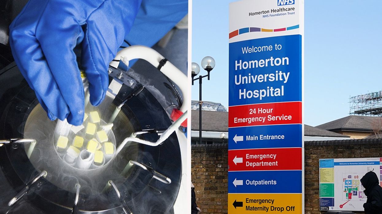 Composite image of frozen embryos and Homerton University Hospital