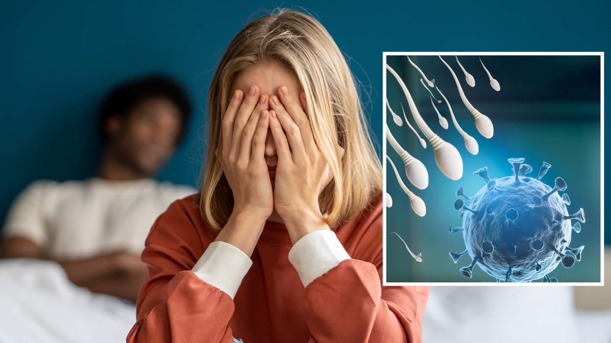 Composite image of frustrated couple in bed and sperm swimming around Covid particle