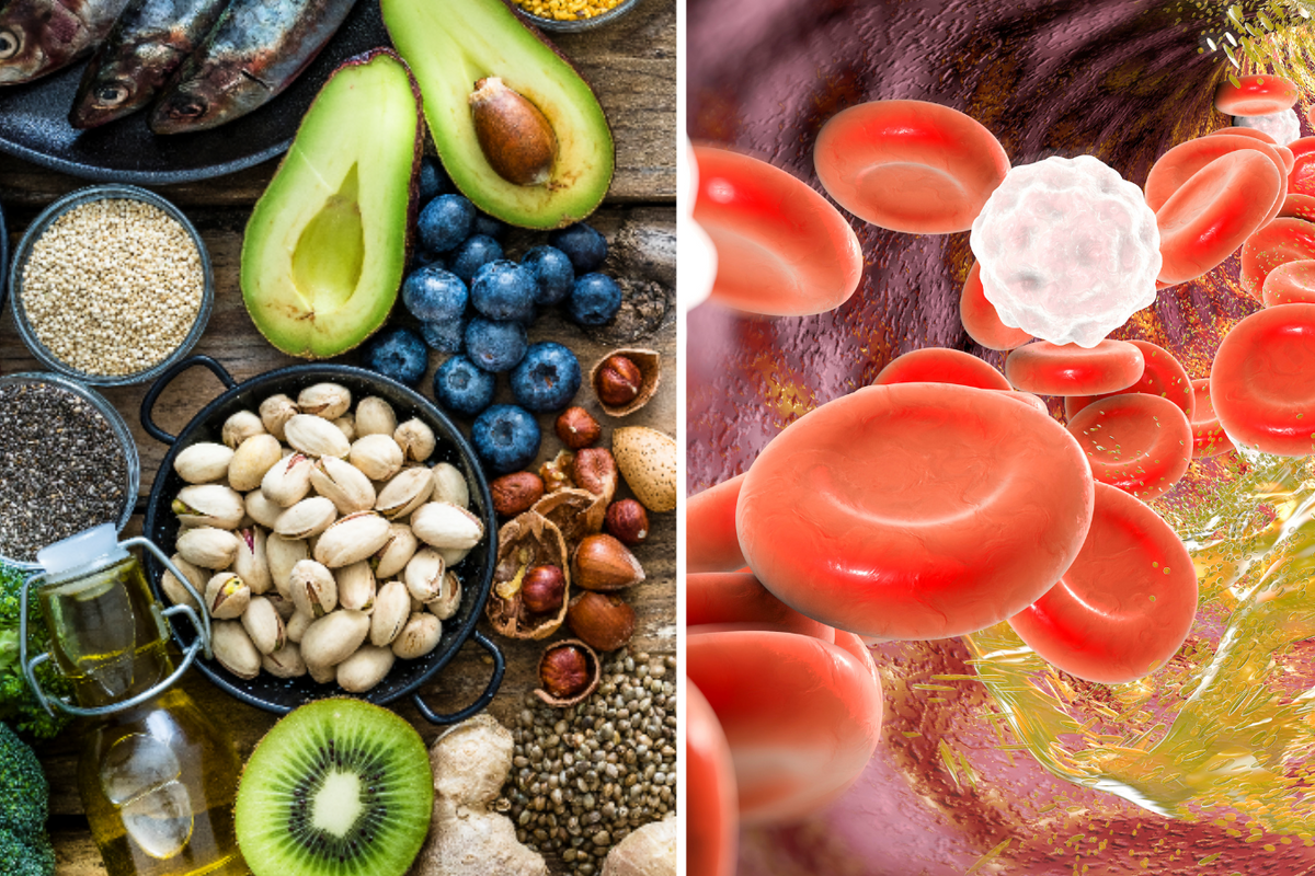 Composite image of healthy diet consisting of nuts, fruit and fish next to a graphic of high cholesterol plaque in the body