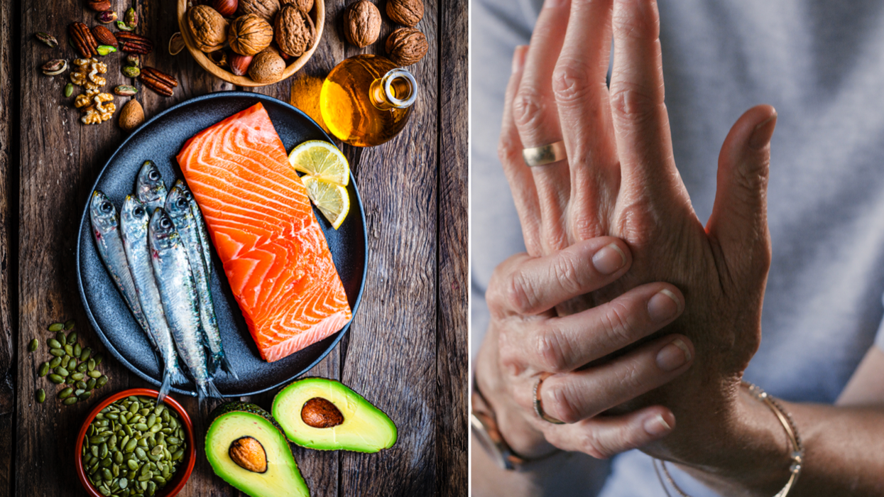 Composite image of healthy foods and painful hands