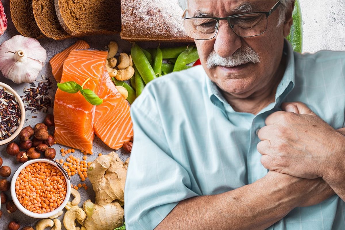 Composite image of healthy foods next to man clutching his chest 