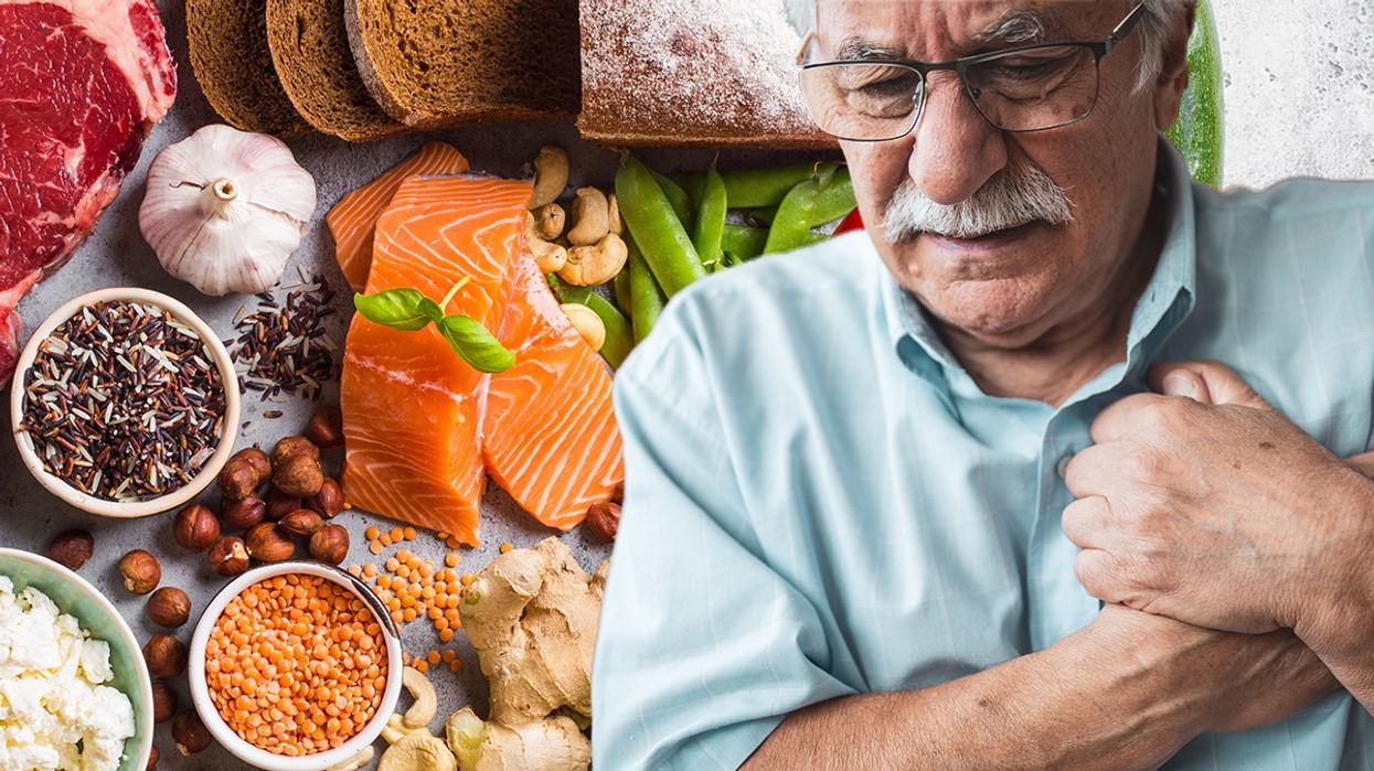 Composite image of healthy foods next to man clutching his chest