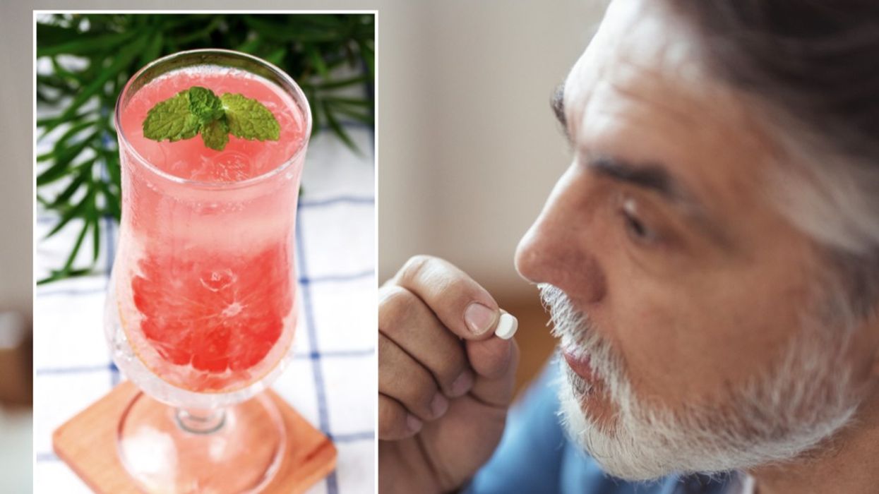 Composite image of juice and person about to take statins