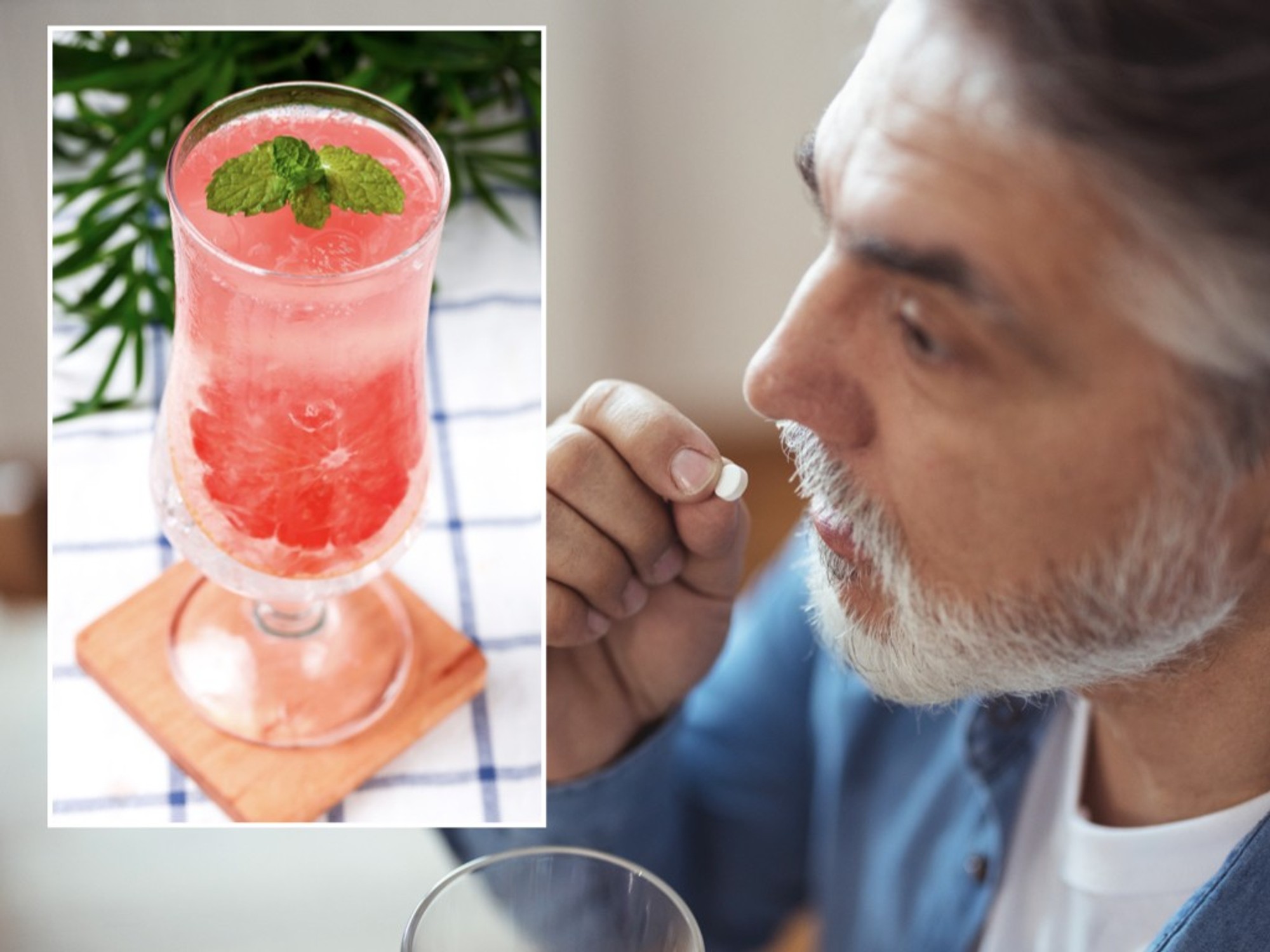 Composite image of juice and person about to take statins