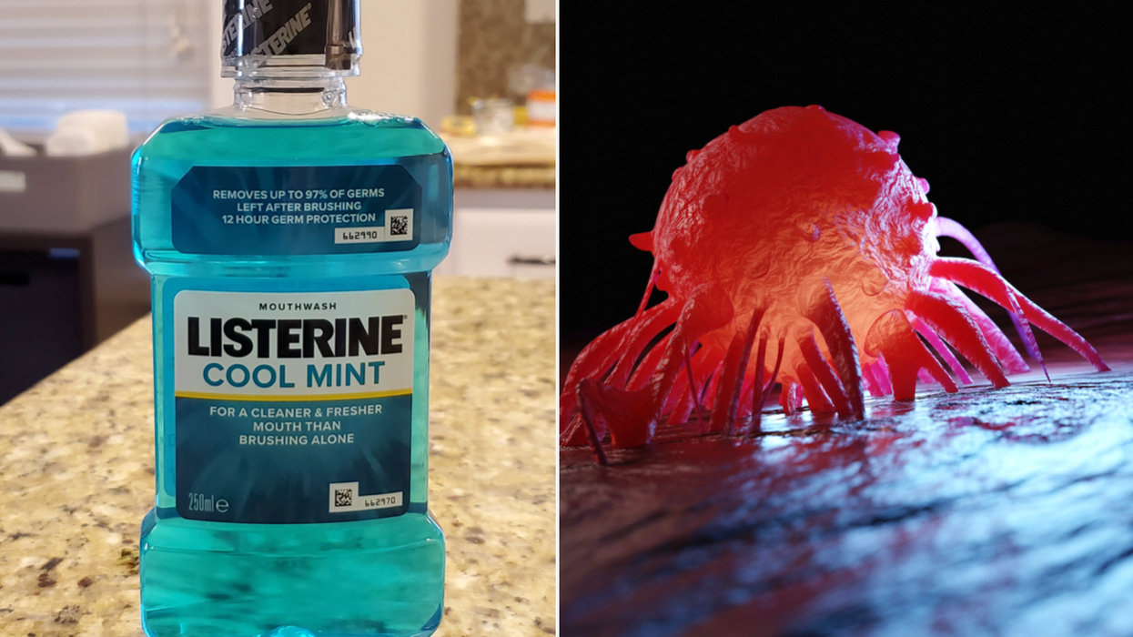 Composite image of Listerine mouthwash and cancer cell