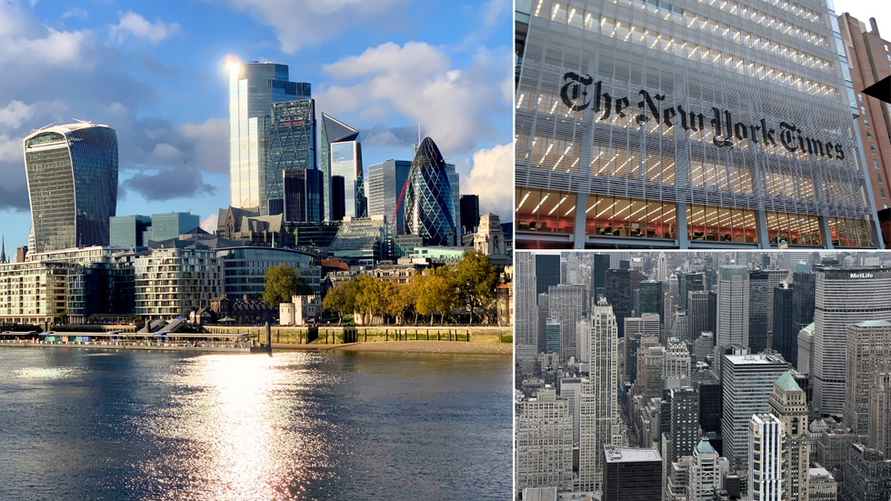 Composite image of London, New York, New York Times Building