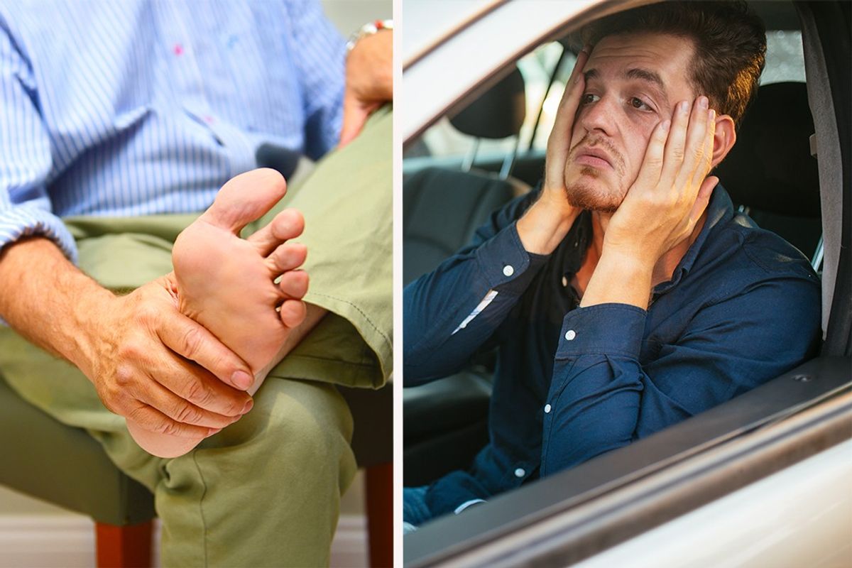 Composite image of man holding his foot and man holding his head behind the wheel of his car 