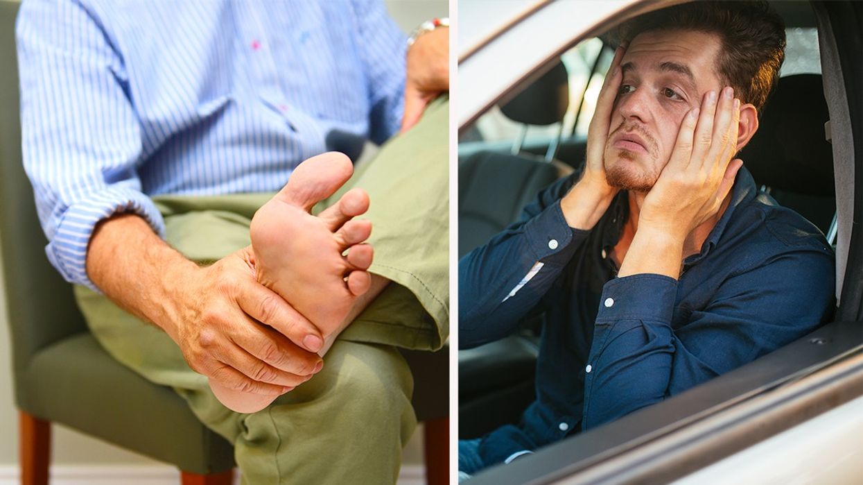 Composite image of man holding his foot and man holding his head behind the wheel of his car