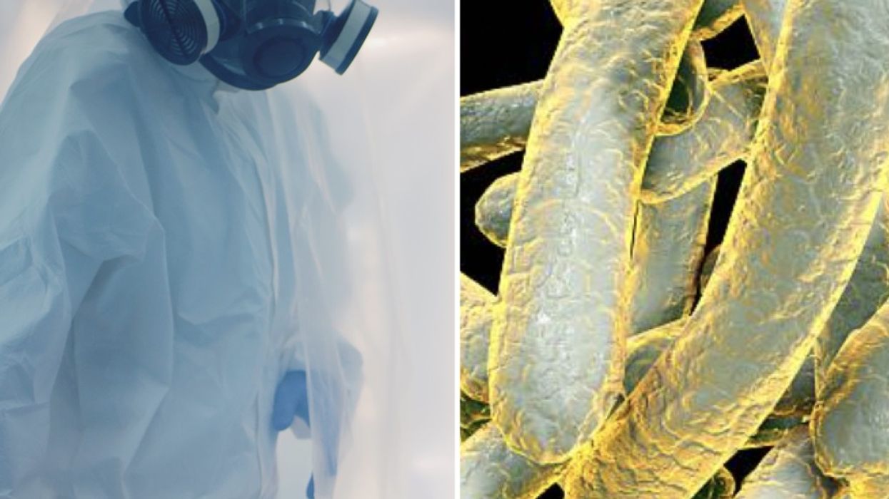 Composite image of man in hazmat suit and TB bacteria