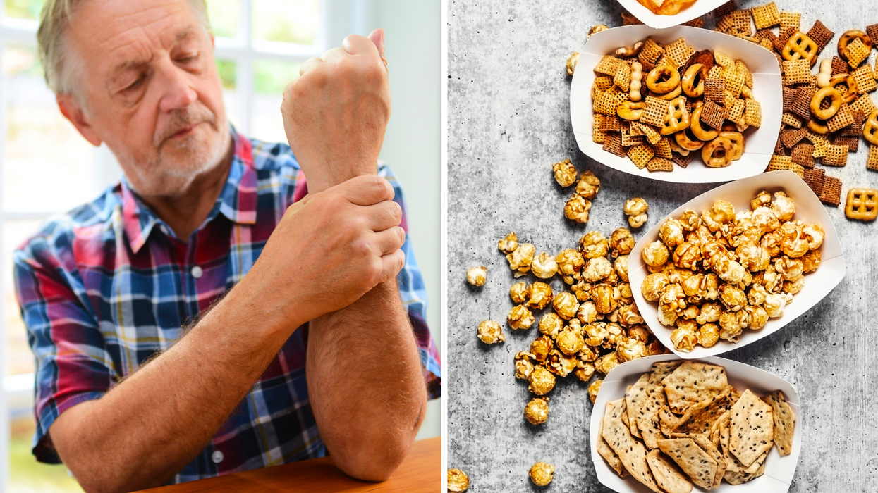 Composite image of man in pain next to refined carbohydrates