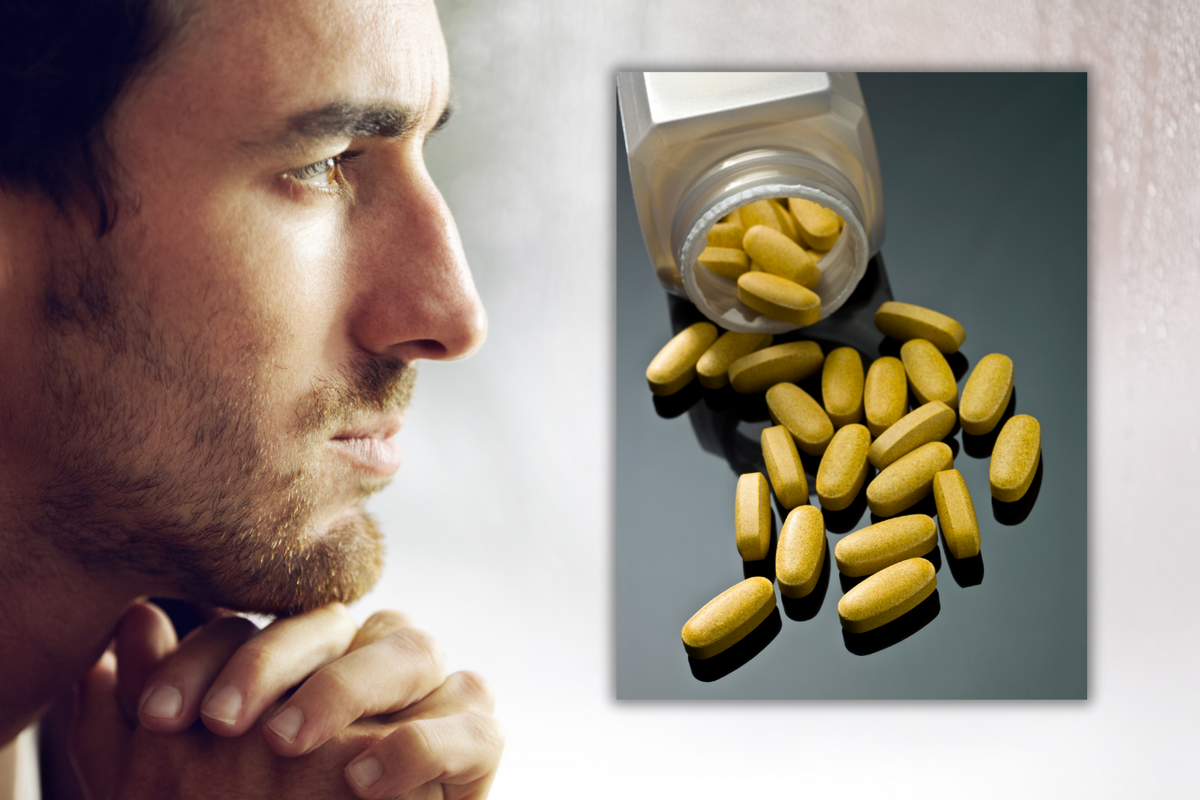 Composite image of man (left) and supplements (right)