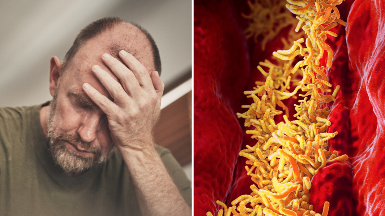 Composite image of man (left) and tuberculosis on right