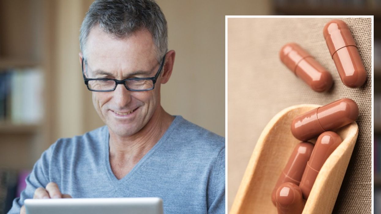 Composite image of man looking at his electronic tablet and Ginkgo biloba supplements